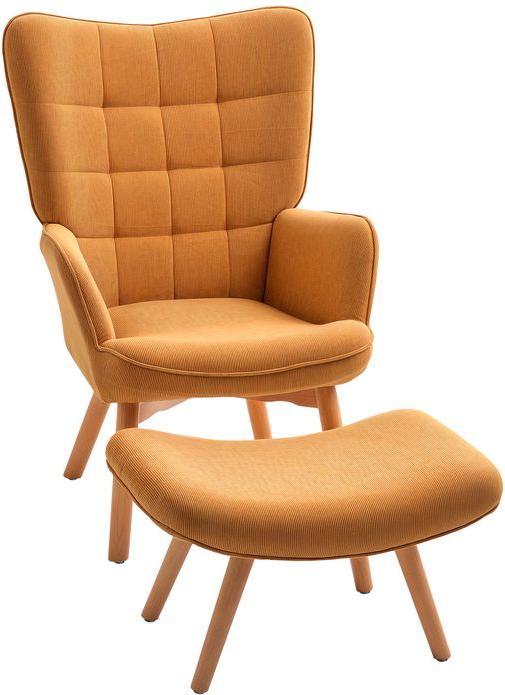 Produktbild Swisshandel24 Sessel mit Hocker, Ohrensessel mit Hoher Rückenlehne, Holzbeine, Cord, Braun