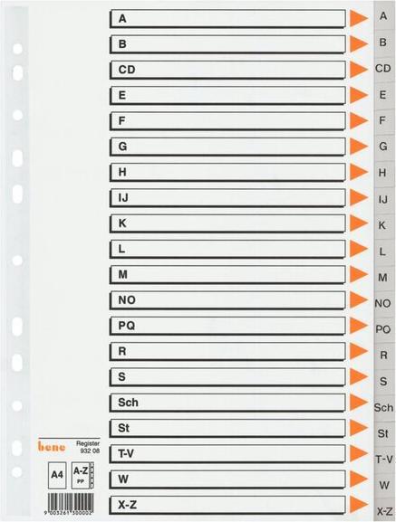 Bene Ordnerregister Vollformat A-Z grau 21-teilig, 1 Satz