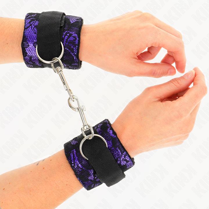 Actual product image Kink Short Wrist Cuffs Made Of Velvet Lace And Nylon Binding Purple/Black 23 X 6.5 cm