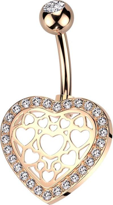 Star Piercing Banane rosegold mit Kugel rosegold Kristall silber und Herz umrandet mit Kristallen silber (Messing, Chirurgenstahl 316L)