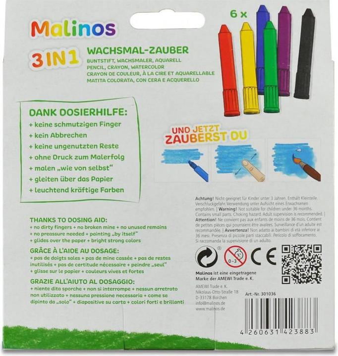 Actual product image Malinos wax crayons 3-in-1, 6 pieces (Multicoloured, 6 x)