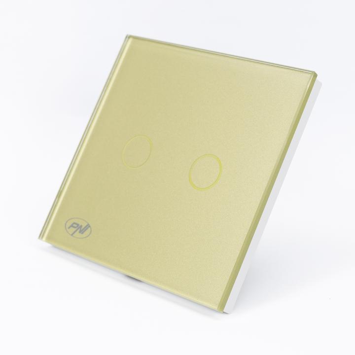 Actual product image PNI Double switch with touch SH202G made of glass, gold with LED display, colour gold