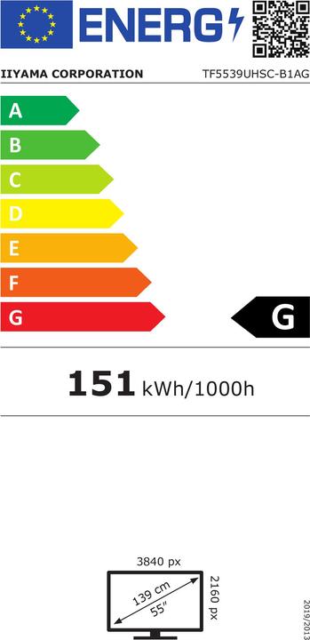 Energielabel iiyama 55" TF5539UHSC-W1AG Touch HDMI+DP (3840 x 2160 Pixels, 55")