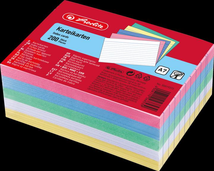 Actual product image Herlitz Index cards, DIN A7, lined, assorted colours made of paper, 170 gsm, wood-free, line colour: blue (A7, 175 g/m², 200 x)