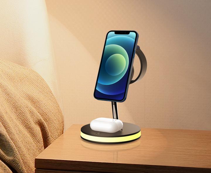 Actual product image Deltaco 3-in-1 magnetinis belaidis įkroviklis, telefonas/TWS/laikrodis, LED lemputė / QI-1041 (18 W)