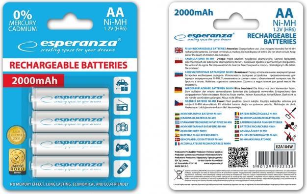 Produktbild Esperanza EZA104W Haushaltsbatterie Wiederaufladbarer Akku Nickel-Metallhydrid (NiMH) (4 Stk., AA, 2000 mAh)