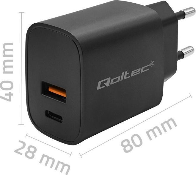 Actual product image Qoltec Ładowarka GaN POWER PRO | 1xUSB-C | 1xUSB | 30W | 5-20V | 1.5-3A | Czarna (30 W)