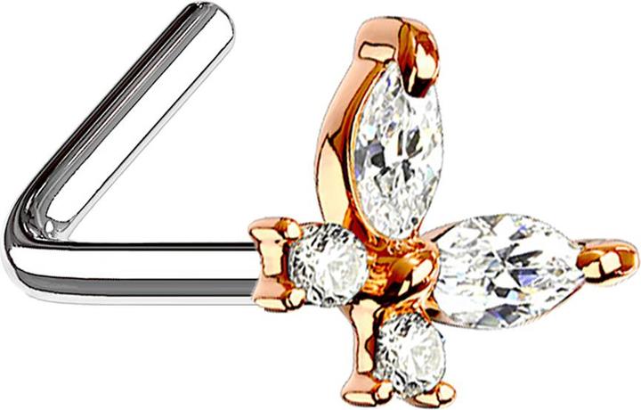 Star Piercing Nasenstecker gewinkelt rosegold Schmetterling mit Kristallen silber (Chirurgenstahl 316L, Messing)