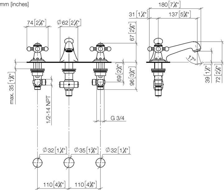 Produktbild Dornbracht Madison Waschtisch-Dreilochbatterie, mit Ablaufgarnitur, Ausladung 135 mm, 20700360