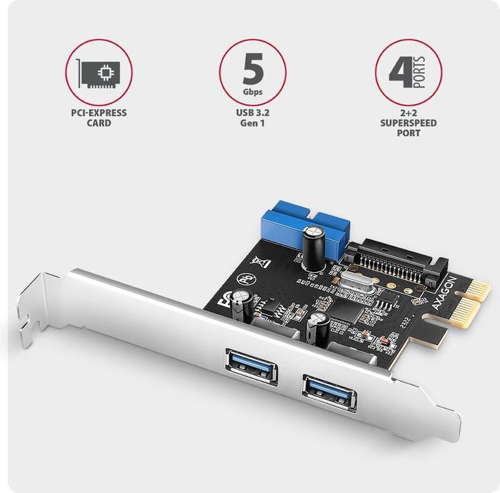 Actual product image Axagon PCEU-232RS expansion card, PCIe 4.0 x1, 4x USB 3.0, 2x internal - black
