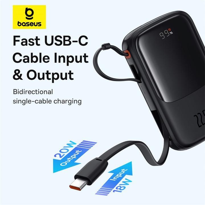 Immagine prodotto Baseus Powerbank Qpow Pro+ 10000mAh 22,5W con cavo USB-C integrato e display - nero (10000 mAh, 22.50 W, 37 Wh)