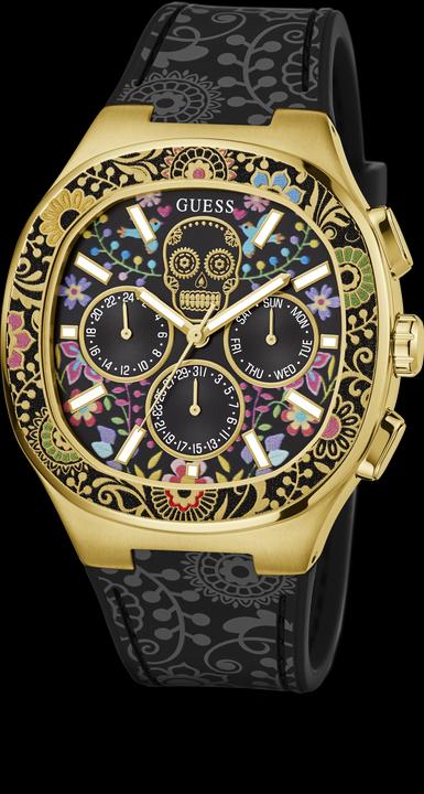 Produktbild Guess BR GLD CS W/ DIGITAL PRINTED TR / SUN BLK MF DL / BLK SILICONE STRP W/ PRINTING Armbanduhr (44 mm)