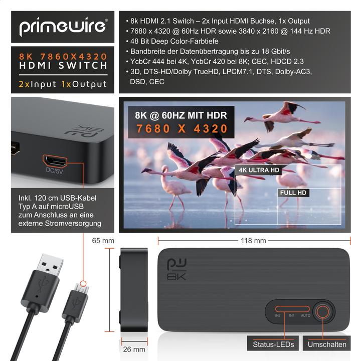 Produktbild Primewire 2-Port HDMI Splitter, 8K Aluminium HDMI Switch 2 in 1 Out UHD, Verteiler, Umschalter, 4K 3D HDR