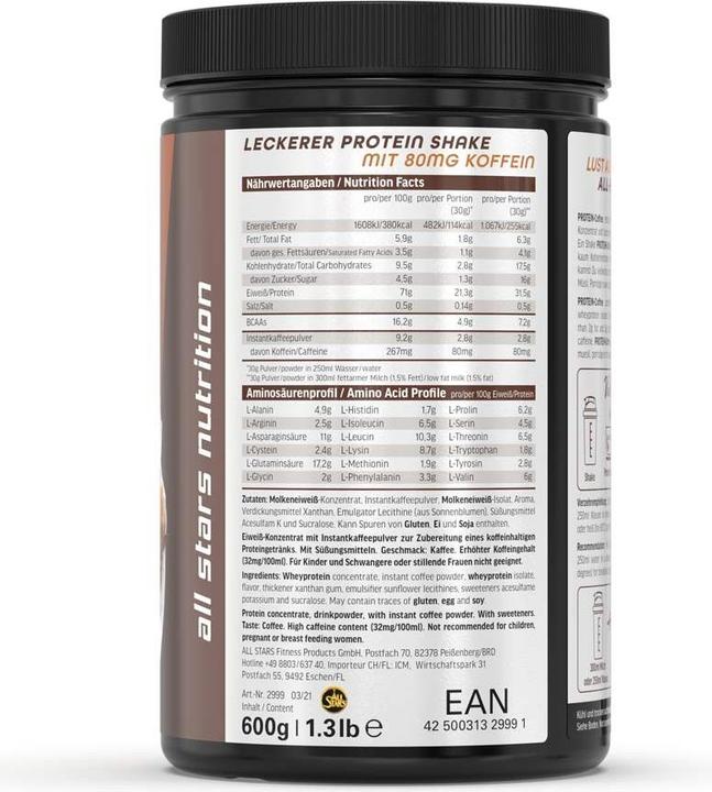 Nährwerte und Zutaten All Stars Protein Coffee (600g Dose) (Coffee, 1 Stk., 600 g)