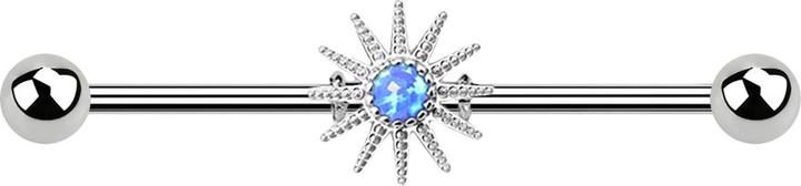 Star Piercing Barbell silber mit Sonnenstrahlen und Opal blau (Chirurgenstahl 316L, Messing)