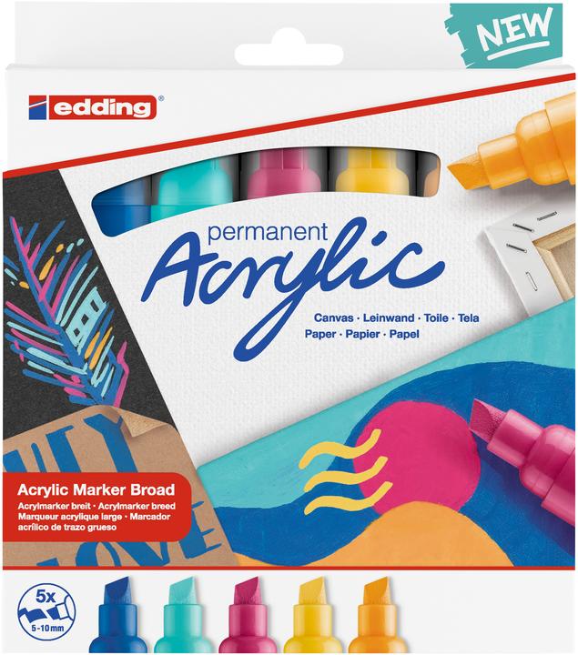 Edding Acrylmarker (Enzianblau, Sonnengelb, Verkehrsgelb, Türkis, Telemagenta, 10 mm, 5 x)