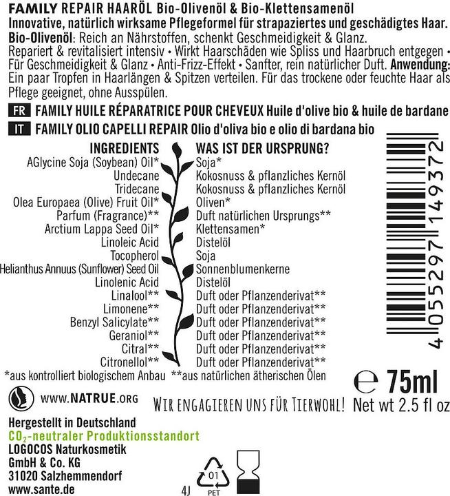 Image du produit Sante Family Repair Huile capillaire Huile d'olive bio & huile de graines de bardane bio (75 ml)