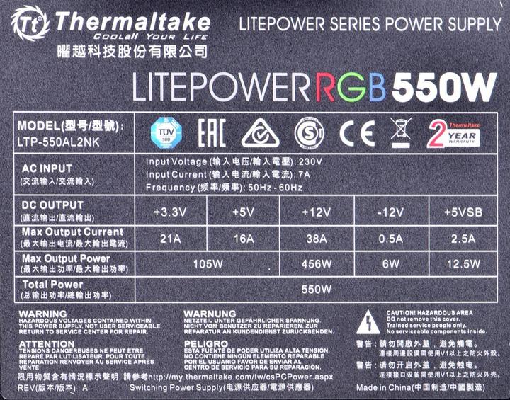 Valori nutrizionali e ingredienti Thermaltake Litepower RGB (550 W)