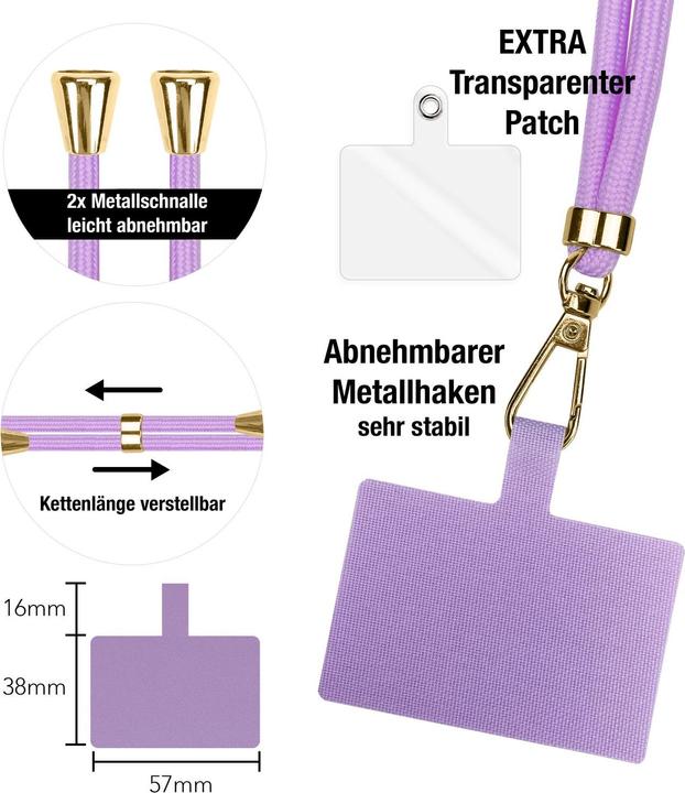 Produktbild Nalia Handyband + Pad für Hülle zum Umhängen, Karabinerhaken Anhänger aus Metall (gold)