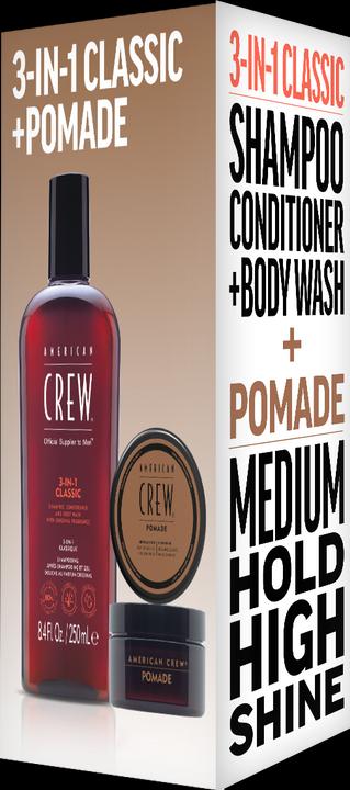 Immagine prodotto American Crew Set Duo Vacanze: Shampoo, Balsamo e Lavaggio Corpo Classico 3 in 1 250ml + Pomata 50g (Set per la cura dei capelli)