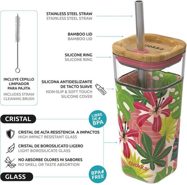 Actual product image Quokka Cube glass 540 ml - drinking container with straw (0.54 l)
