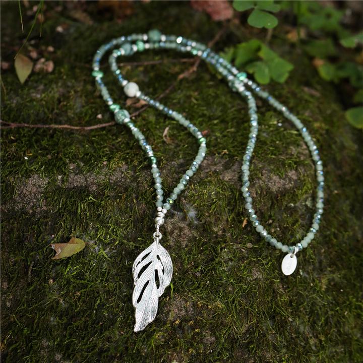 Image du produit Andreani Collier avec pendentif plume en jade vert véritable avec perles d'eau douce