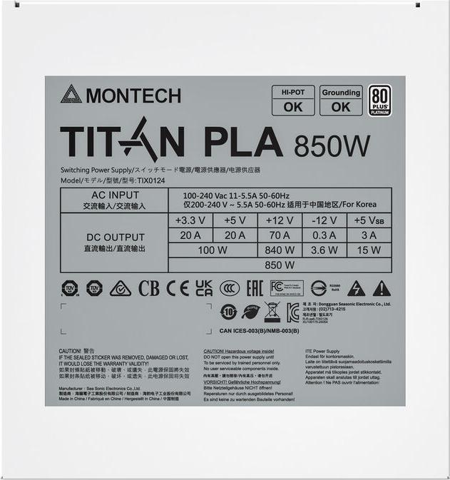 Immagine prodotto Montech Titan PLA 850W - 80 PLUS & Cybenetics Platinum, modular, PCIe 5.1 - 850 Watt (850 W)