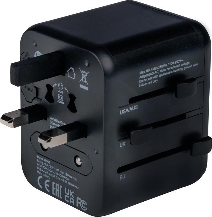 Actual product image Verbatim Universal Travel Adapter with 2 x USB-A ports