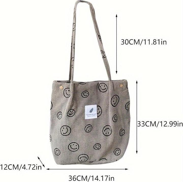 Only-Bags.Store Retro Corduroy Tote Bag, Lächelndes Gesicht Druck Umhängetasche, einfache Handtasche für Schule