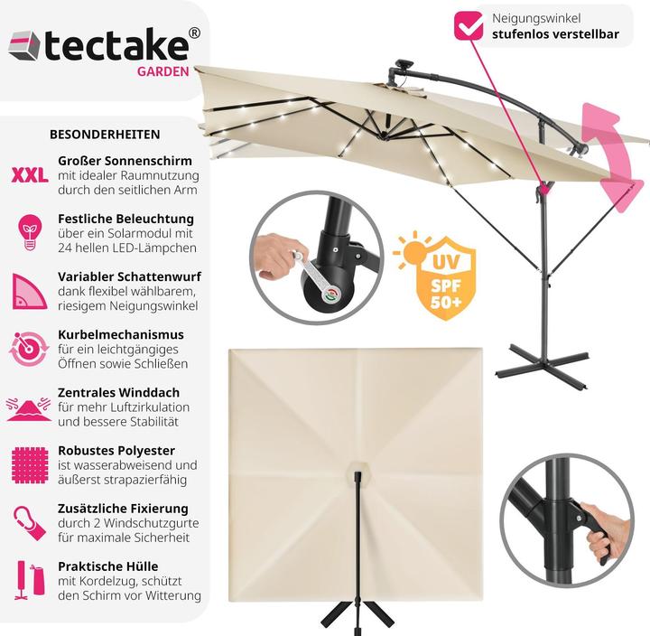 Immagine prodotto tectake Ombrellone Sunna LED-Solar con manovella 2,5 x 2,5 m (2.50 m)