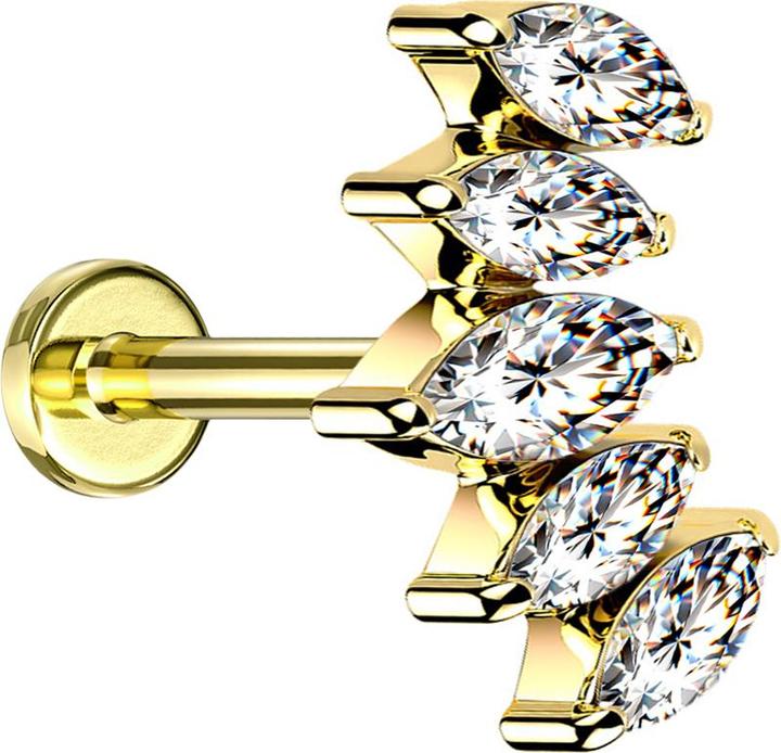 Star Piercing Micro Labret Innengewinde vergoldet Fächer vergoldet mit fünf Kristalle silber (Titan G23, ohne Messing)