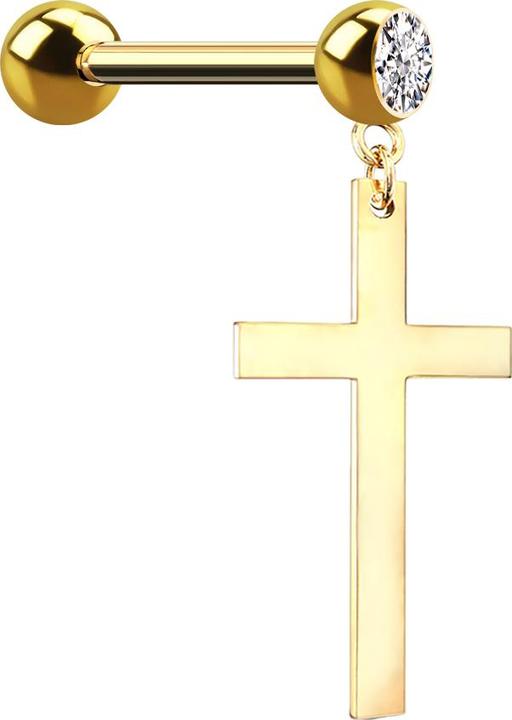 Star Piercing Micro Barbell vergoldet mit Anhänger Kreuz (Chirurgenstahl 316L, ohne Messing)