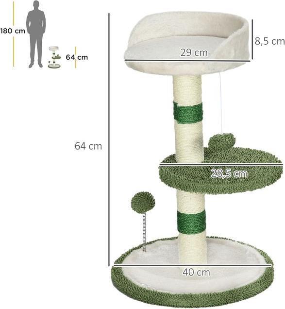 Produktbild Swisshandel24 Kratzbaum Klein 64 cm rund mit Liegefläche, Spielball, Sisal, bis 4 kg (64 cm, Weiss+Grün+Beige)