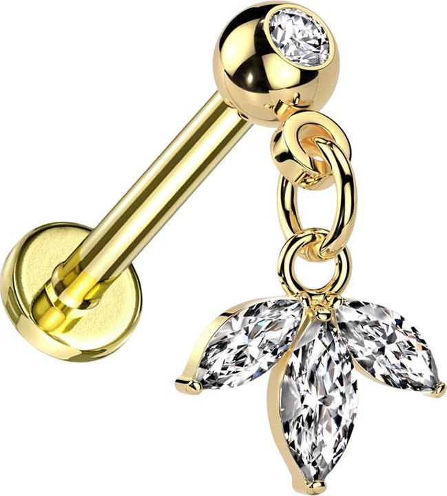 Hollywood Body Jewelry Micro Threadless Labret vergoldet mit Kugel mit Kristall silber Anhänger Blatt drei Ovale Kristalle (Messing, Chirurgenstahl 316L)