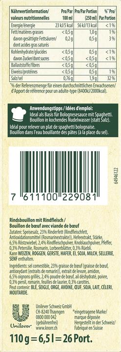 Valeurs nutritives et ingrédients Knorr Bouillon (6500 ml)