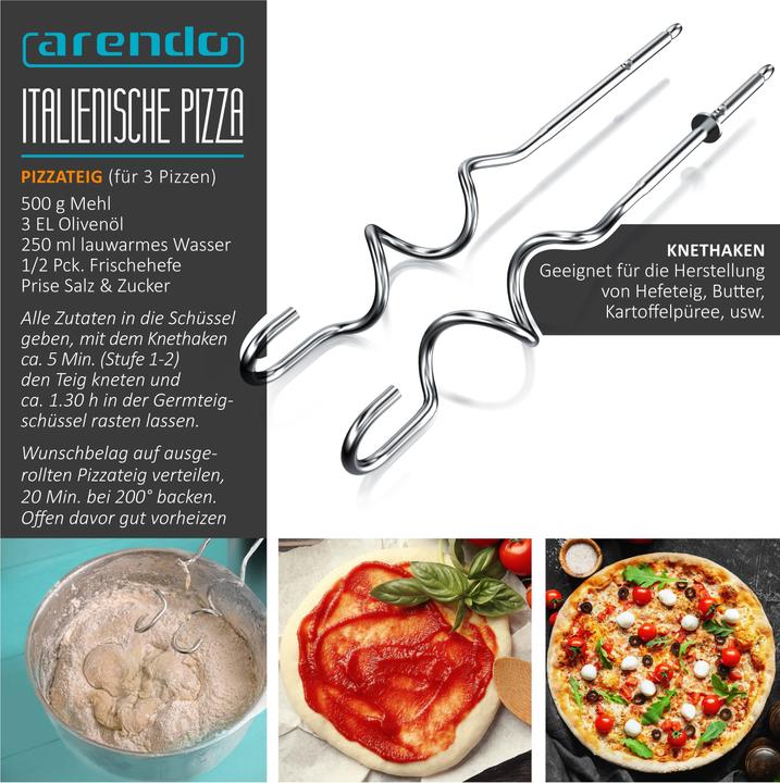 Produktbild Arendo Elektrischer Handmixer, Rührmixer Edelstahl mit Turbostaste, Handrührer inkl. 2 Quirle & 2 Knethaken (350 W)