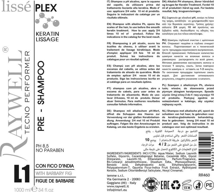 Nutritional values and ingredients Raywell Tannic Lisse Plex Pre Shampoo (1000 ml, Liquid shampoo)