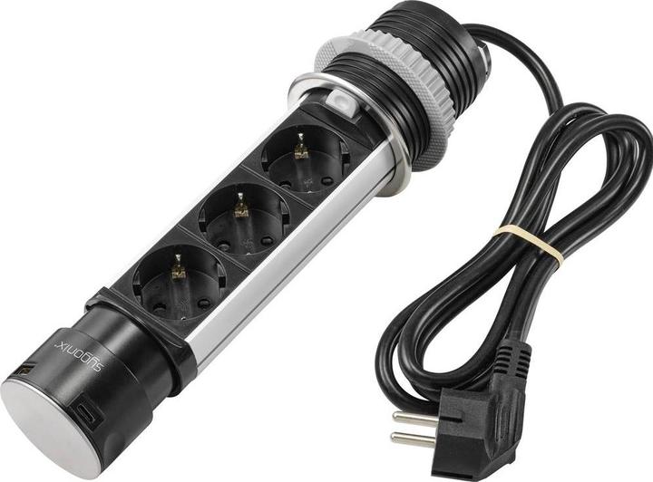 Produktbild Sygonix SY-4997104 Steckdosenturm Schwarz, Edelstahl Schutzkontakt 1St. (3 x, CEE 7/3, 1.50 m)