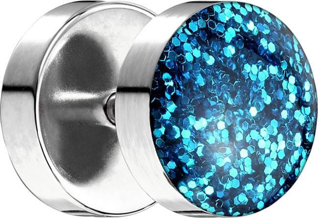 Star Piercing Fake Plug mit glitter Kuppel aqua (ohne Messing, Chirurgenstahl 316L)