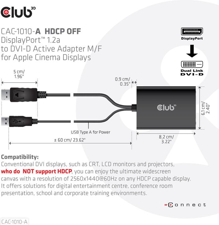 Produktbild Club 3D DisplayPort auf Dual Link DVI-D HDCP OFF (DVI, 60 cm)