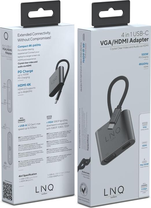 Produktbild LINQ Connects USB-C -> 1x HDMI, 1x VGA, 1x USB-C, 1x USB-A LQ48001 grey (USB-C, 1 Ports)