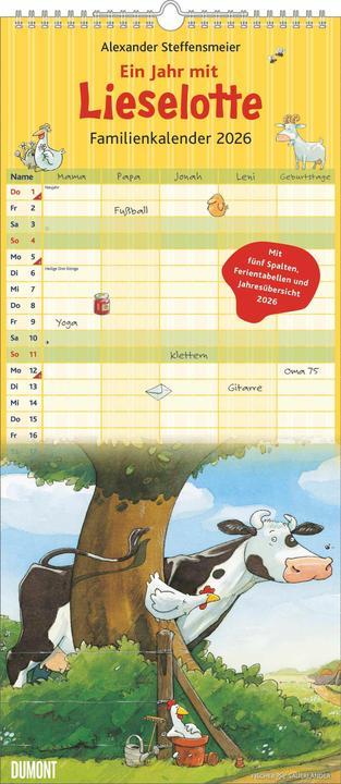 Actual product image Die Kuh Lieselotte Familienkalender 2026 - Familienplaner mit 5 Spalten - Format 22 x 49,5 cm (Hardcover, German)