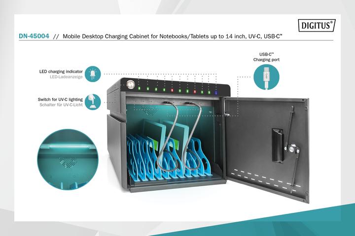 Immagine prodotto Digitus Armadio di ricarica mobile su desktop per notebook/tablet a 14 pollici, UV-C, USB-C
