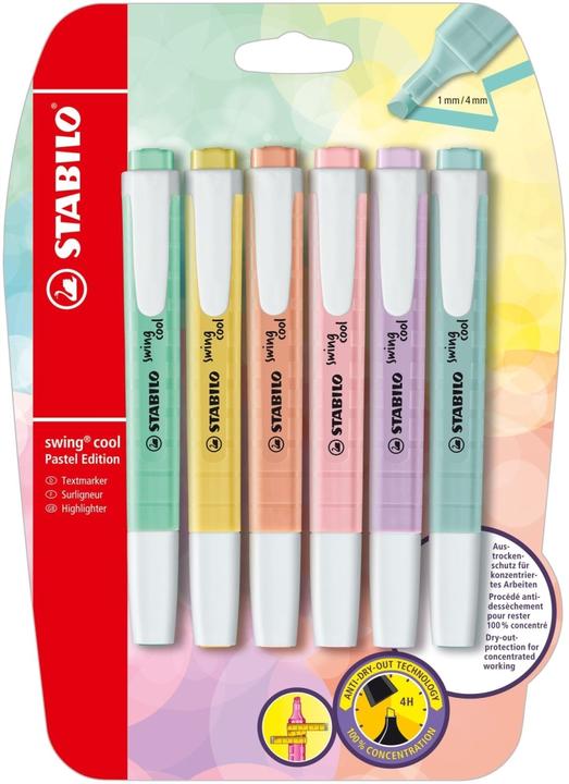 Produktbild STABILO Textmarker - swing cool Pastel - 6er Pack - 6 Farben (Pudriges Gelb, Schimmer von Lila, Cremige Pfirsichfarbe, Zartes Türkis, Rosiges Rouge, Hauch von Minzgrün, 5 mm, 6 x)
