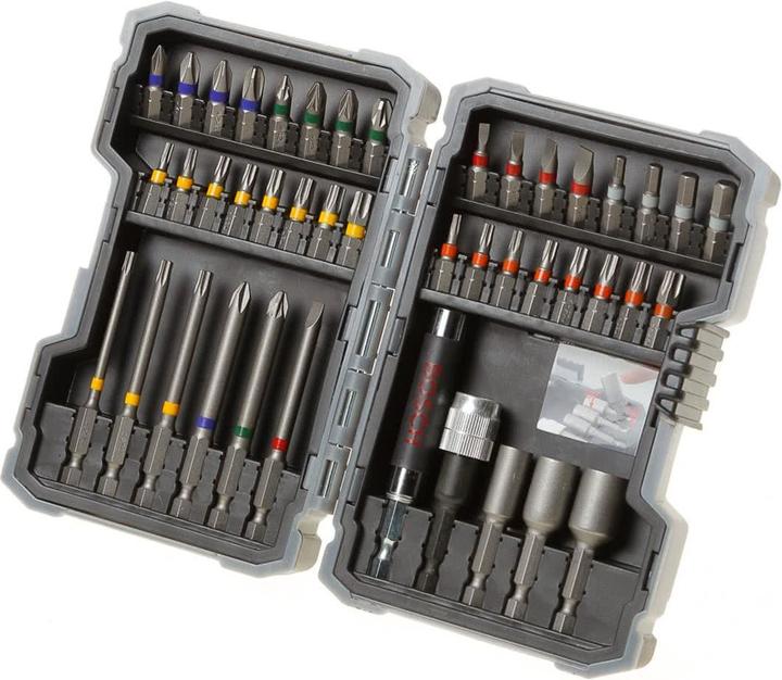Produktbild Bosch Professional Zubehör Bits-Satz mit Klingenhalter - 43 Stk (Innensechsrund TX M10, Innensechsrund TX M15, Innensechsrund TX M20, Innensechsrund TX M30, Kreuz Phillips PH M1, Kreuz Phillips PH M2, Innensechsrund TX M25, Innensechsrund TX M27, Innensechsrund TX M40, Kreuz Pozidriv PZ M1, Kreuz Pozidriv PZ M2, Kreuz Phillips PH M3, Kreuz Pozidriv PZ M3)