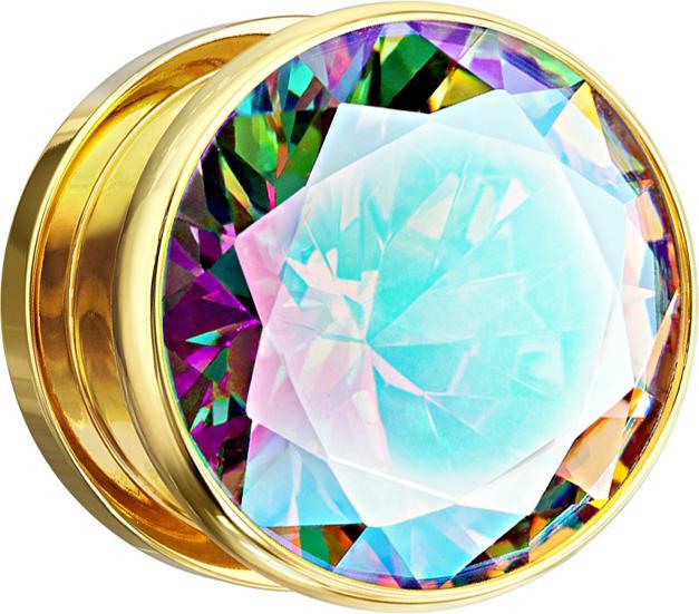 Star Piercing Flesh Plug vergoldet mit grossem Kristall multicolor (ohne Messing, Chirurgenstahl 316L)