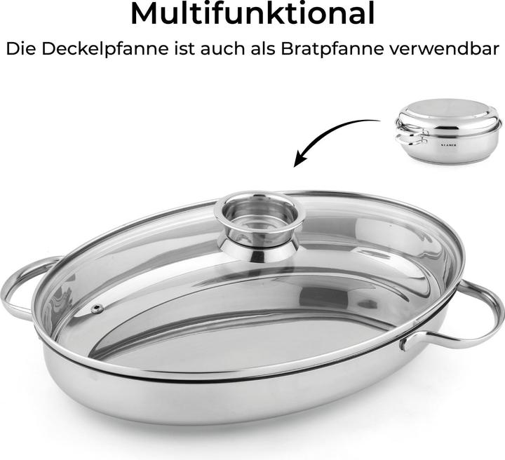 Produktbild KLAMER Edelstahl Bräter mit Deckel 38 cm, backofengeeignet, 8.5L mit 4L Deckelpfanne, für alle Herdarten (38 cm, Bräter + Schmortopf, Edelstahl)