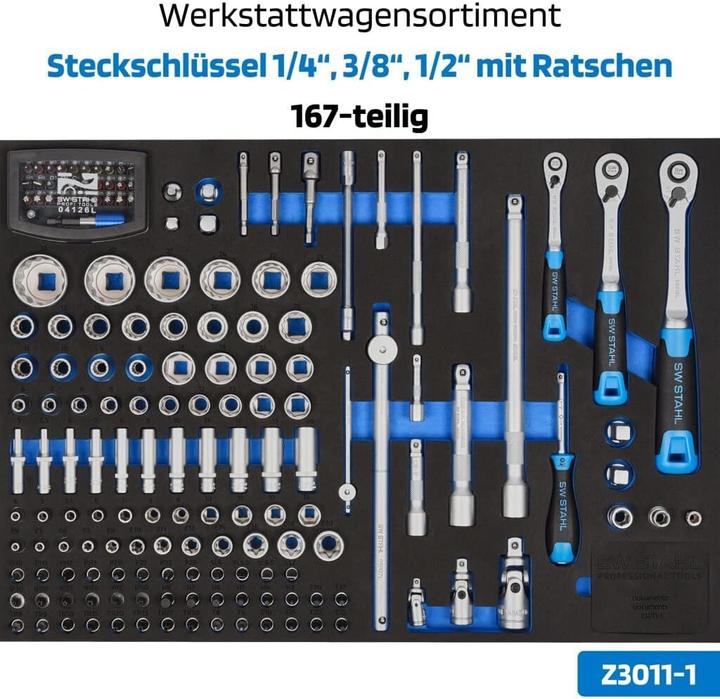 Produktbild SW-Stahl Z3111 Profi Werkstattwagen TT801 schwarz I 8 Schubladen I 5 Schubladen gefüllt I 341 teilig (341 x)