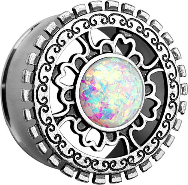 Star Piercing Flared Tunnel mit Tribal Schild antik silber und Opal Kugel (Messing, Chirurgenstahl 316L)