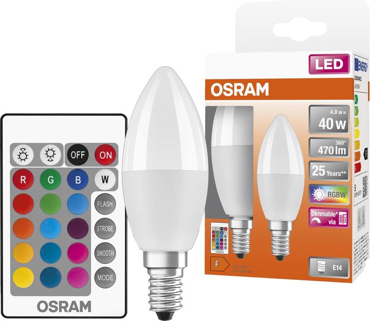 Produktbild Osram Led Retrofit Rgbw Lamps With Remote Control (E14, 4.90 W, 470 lm, 2 x, F)